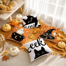 4pcs Halloween Cute Black Cat & Ghost Pattern Pillow Covers, Single-Sided Printed Skin-Friendly Peach Skin Velvet Material, 45*45CM Throw Pillow Covers Suitable For Room Decor, Indoor Sofa Living Room Decor, Party Decoration, Decorative Pillow Covers Gift - Multicolor - View 6