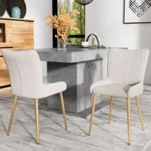 Samt-Esszimmerstuhl, 2er-Set, Luxuriös, Wohnzimmer, Schlafzimmer, Lounge-Stuhl Mit Vier Goldene Metallstützbeinen, Lendenwirbelstütze, Beige - Beige - Übersicht 2