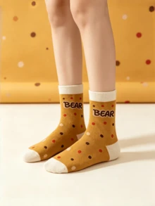 1/5 Pairs Women's Mid-Calf Socks, Teddy Bear Pattern, Cute Style, Suitable For Daily Wear, Travel And School - Multicolor - View 1
