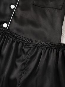 2pcs Satin Pajama Set, Short Sleeve Lapel Top & Shorts, Solid Color Pajama Set For Women, Spring/Summer Casual Sleepwear Loungewear - Black - View 4