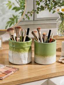 1pc Gradient Green Makeup Storage Box, Makeup Brush Holder, Suitable For Bathroom Decor, Vanity And Countertop - Gradient Straight Leg - View 2