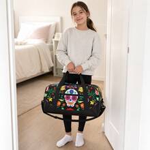 彩色糖果骷髏與藤蔓印花萬聖節女童兒童旅行托特包，拉鍊大容量包，附頂部手提把手、肩帶與前口袋 - SKULL-9 - 查看 2