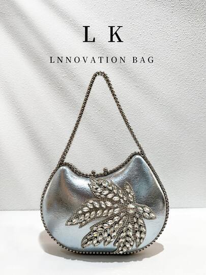 1pc Women's Silver PU Leather Maple Leaf Shaped Rhinestone Evening Bag, Shiny Embellished Exquisite Luxurious Handbag, Versatile Clutch, Suitable For Wedding, Graduation Ball, Cocktail Party, Formal Occasions