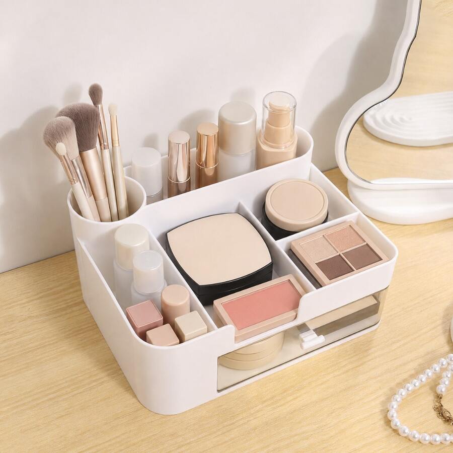 1pc Large Capacity Desktop Makeup Organizer, Divided Makeup Storage Box With Pull-Out Drawers, Suitable For Lipstick, Brushes, Perfume And Skincare Products - Multicolor - View 1