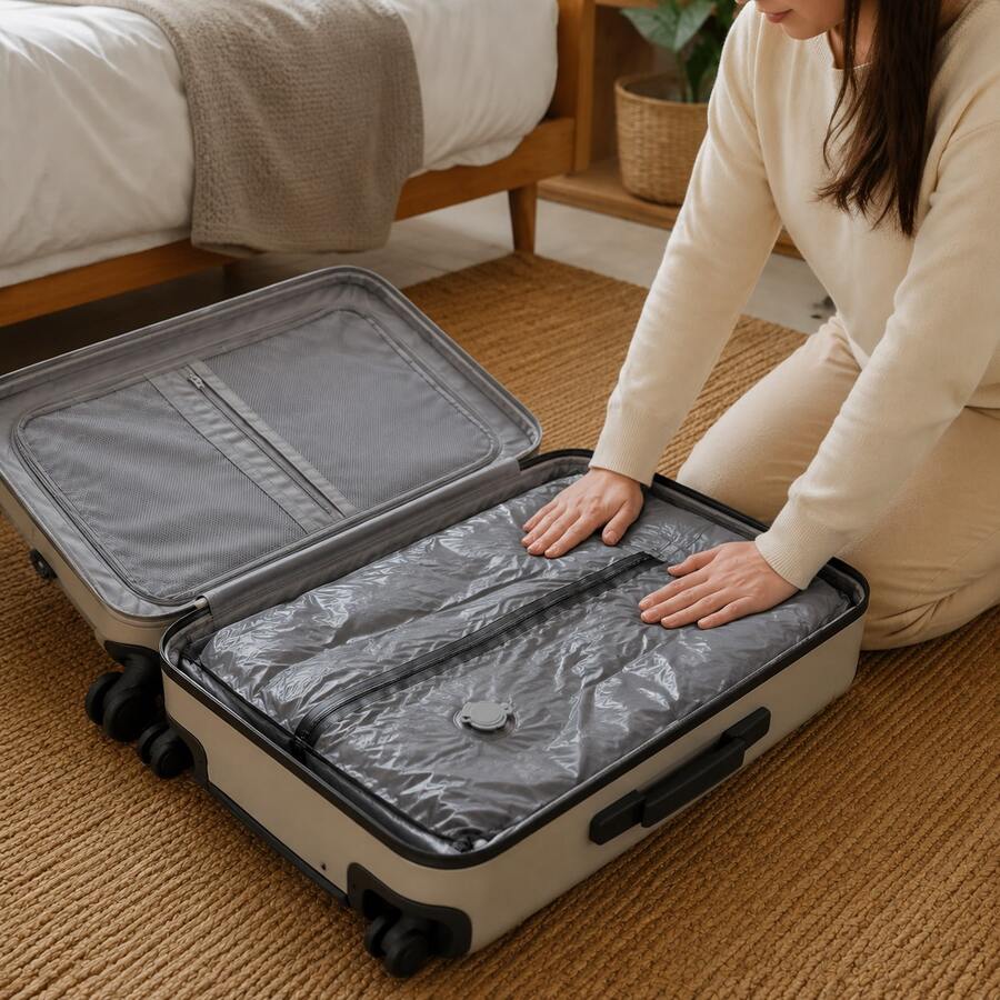 1 Vacuum Compression Bag + 1 Hand Pump, 2 Sizes Vacuum Storage Bags Set, Reusable Space Saver Travel Packing Bags, Airtight Waterproof Compression Organizer For Clothes, Blankets, Bedding And Home Storage