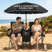 Aoran 2 Person Camping Chair With Umbrella, Portable Folding Loveseat Beach Chair, Outdoor Double Seat Chair With Cooler Bag, Storage Pocket And Cup Holders, Removable Shade Canopy Chair - Multicolor - View 2