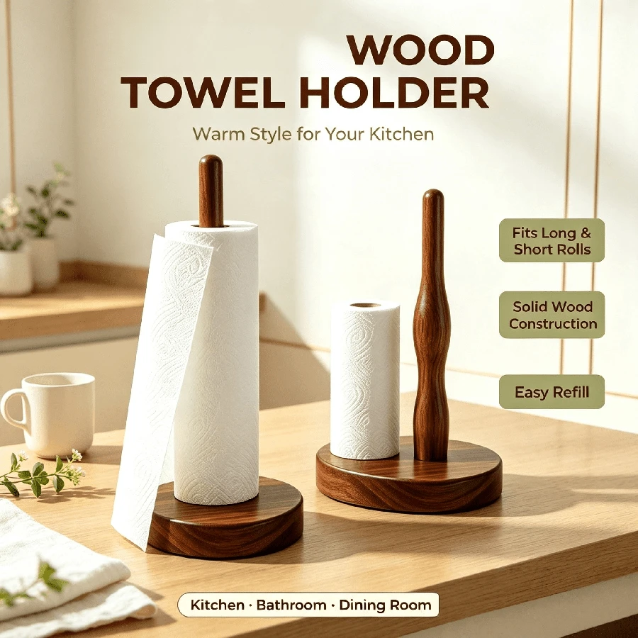 1pc Solid Walnut Wood No-Drill Kitchen Paper Towel Holder - Vertical Paper Towel Roll Rack, Countertop Home Paper Towel Storage Rack, Suitable For Kitchen And Bathroom, Home Storage Box And Rack, Independent Floating Bathroom Dining Table Storage Rack, Can Hold Multiple Rolls - Multicolor - View 1