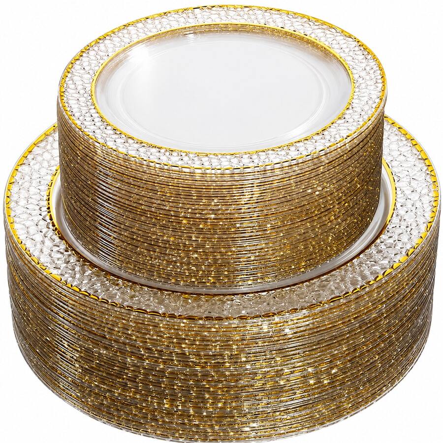 50/25/20/10pcs Transparent Gold Rim Plates/Trays Set, 7.5 Inch/10.25 Inch Reusable Plates, Food Trays, Fruit And Snack Platters, Dessert And Salad Plates, Cheese And Candy Trays, Multi-Purpose Tableware For Parties, Weddings, Birthdays, Picnics, Holiday Events, Easy To Clean, Suitable For Elegant Home And Event Table Settings.
