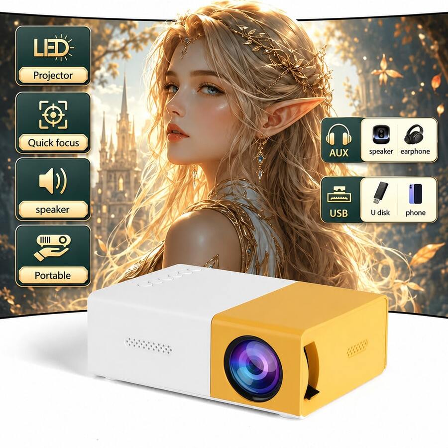 Portable Projector, Supports 1080P, USB Powered, Built-In Stereo Speaker, Keystone Correction, With Remote Control, Compatible With Multiple Devices, Home Theater Outdoor Camping Movie Projector, Enhance Your Movie, TV And Gaming Experience