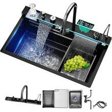 LY Lava-platos de cocina: un lava-platos de estilo moderno con salida de agua tipo cascada, que incluye un grifo mezclador tres en uno, un grifo con filtro, una pantalla LED, un dispensador de jabón líquido, una conexión para lavavajillas y un panel de control tipo piano.(75 cm x 45 cm x 21 cm) - Gris arma - Ver 1