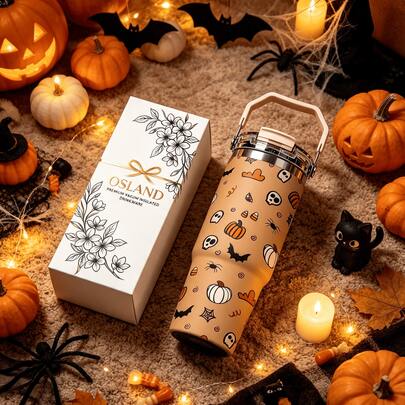 1pc/5pcs 30oz Khaki Halloween Element Stainless Steel Tumbler With Handle And Straw, Pumpkin, Skull, Bat, Spider And Candy Prints, Leak-Proof Flip Lid, Suitable For Travel, Work, Fitness And Daily Outdoor Use.