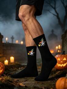 1/5/10 Pairs Men's Halloween Themed Crew Socks, Ghost Pumpkin Witch Black Cat Pattern Ribbed Casual Mid-Calf Socks, Fun Holiday Party Socks Suitable For Daily Wear - Multicolor - View 10