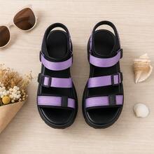 Sandalias deportivas de mujer en PU con suela gruesa de goma, correas ajustables con hebilla y estampado de letras, suela gruesa antideslizante casual para playa. - Morado - Ver 9