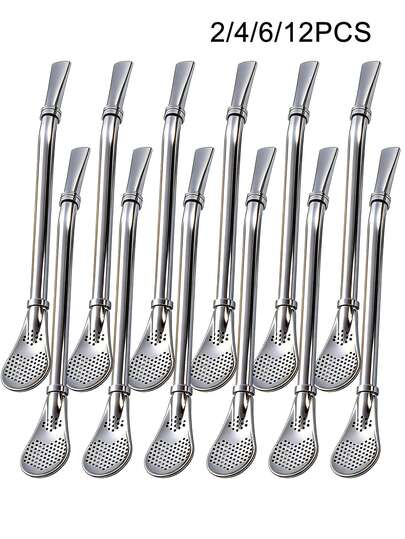 2/4/6/12pcs Stainless Steel Straw Spoon, Flower Tea Straw, Filter Straw, Suitable For Flower Tea, Fruit Tea, Milk Tea