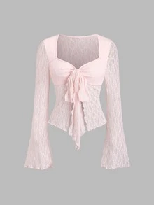Fall Clothes For Women Wide Strap Bow Textured Lace Fabric Top, Sweet & Fashionable, Suitable For Daily Wear,Festival Outfits Women,Fall Outfits Tops - Baby Pink - View 5
