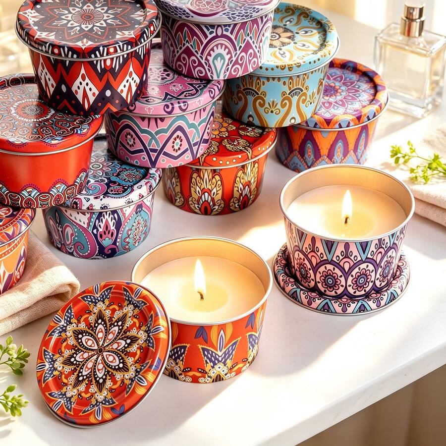44pcs DIY Candle Making Kit, Includes 4 Bohemian Pattern Metal Candle Jars With Lids, 16 Wicks, 4 Wick Holders And 20 Wick Stickers, Suitable For Handmade Scented Candles, Tabletop Decor, Jewelry Storage And Small Item Storage
