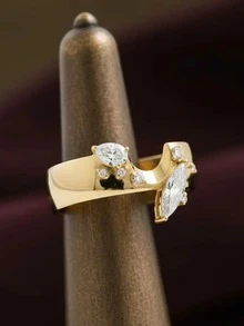 1pc Luxury Double Eye Synthetic Zirconia Inlaid 14K Gold Plated Ring, Geometric Vintage Niche Design Stackable Finger Ring, Jewelry Gift For Women And Men - Yellow - View 3