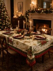 1pc Christmas Party Tablecloth, Reindeer, Holly, Bow Pattern, Rectangular And Round Options, Pine Branch And Snowflake Print Polyester Tablecloth, Suitable For Holiday Dining Room, Christmas Party, Winter Home Decor - Multicolor - View 4