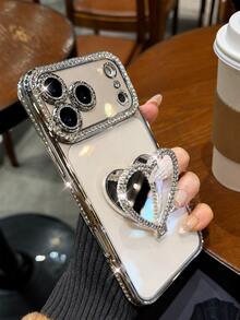Heart-Shaped Makeup Mirror Ring Phone Case, Luxury Shiny Rhinestone Camera Protection Electroplated Anti-Drop Shell With Glitter And Shimmer, Compatible With IPhone 18 17ProMax 17Pro 17 16Promax 15 14 Plus 13 12 Pro Max 11 17Air Galaxy S26 HONOR NOTE, High-Quality Shockproof Back Cover - Silver - View 1