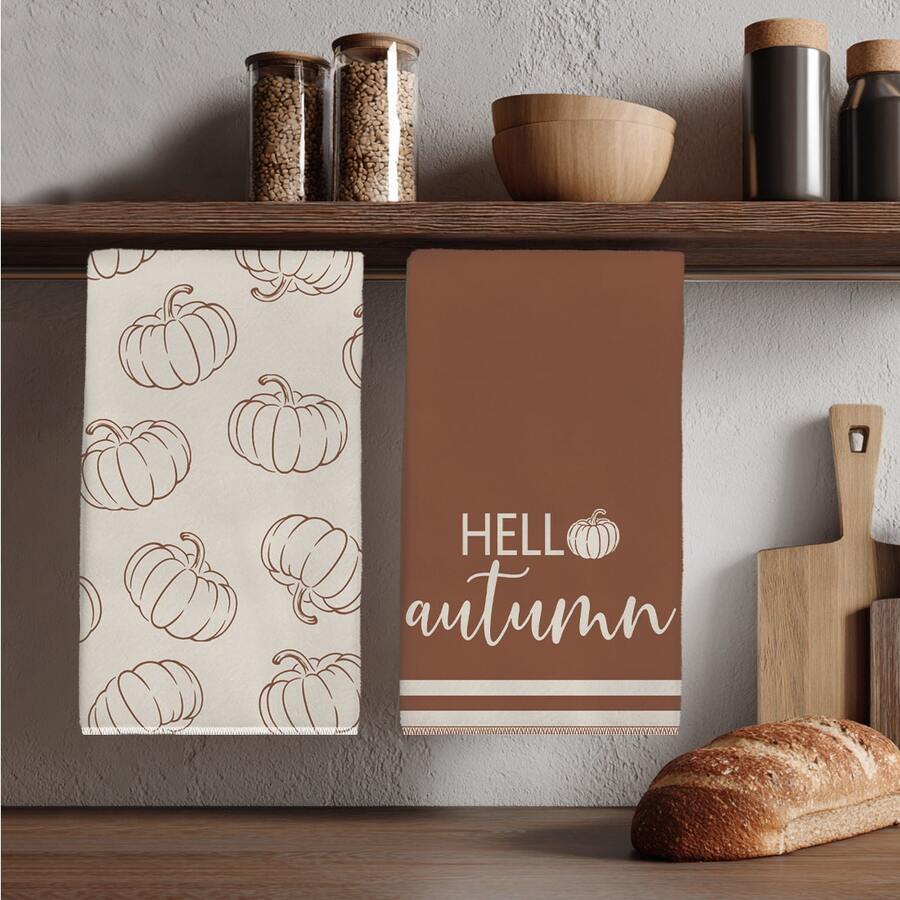 2件裝復古棕色咖啡 Hello Autumn 極簡線條南瓜圖案廚房毛巾,40*60cm 柔軟超細纖維材質茶巾,適用於居家廚房、餐廳、戶外露營桌面清潔抹布、手巾配件,復古秋季主題廚房毛巾節日禮物 - 彩色 - 查看 1