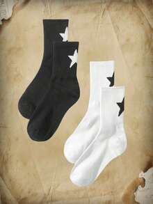 Kaos Kaki Wanita Bergaris Motif Bintang, Gaya Jalanan Warna Kontras Hitam Putih - A - View 6