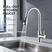 Klassischer Küchenwasserhahn mit ausziehbarem Brausekopf: Einteilig, Warm- und Kaltwasser, 360 Grad schwenkbar, verchromt, Keramikventil, Einloch-Installation, wassersparend, inklusive Installationszubehör und ausgestattet mit G1/2-Zulaufrohr - Silber - Übersicht 2