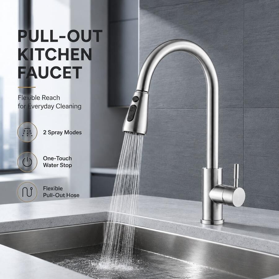 Klassischer Küchenwasserhahn mit ausziehbarem Brausekopf: Einteilig, Warm- und Kaltwasser, 360 Grad schwenkbar, verchromt, Keramikventil, Einloch-Installation, wassersparend, inklusive Installationszubehör und ausgestattet mit G1/2-Zulaufrohr