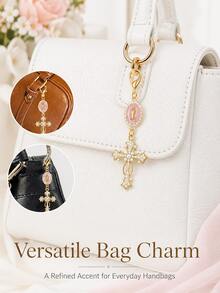 1pc Virgin Mary Cross Keychain, Alloy Rhinestone & Pearl Religious Pendant, Universal Charm For Car Keys, Handbags And Backpacks - A - View 10