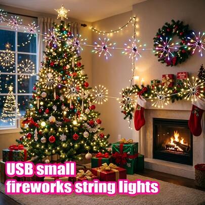 USB Colorful Fireworks String Lights - 1.5/3/6m, 200/100/50 LED Bedroom Fairy Tale Decorative Lights, With 8 Lighting Modes, USB Controllable Light Change Modes, Christmas Tree Decoration Lights, Suitable For Holiday Atmosphere, Wedding, Desktop, Garden, Patio, Party, Yard, Store, Hotel Indoor Lighting, Christmas Warm Light, Halloween Colorful Light Atmosphere Decoration, Festival Lighting Display