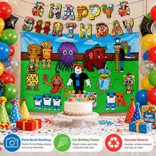 Roblox 16件組遊戲主題生日裝飾套裝，耐用輕量懸掛裝飾，大尺寸派對背景布與字母橫幅，鮮豔多色卡通像素生物圖案，室內牆面裝飾，男孩像素遊戲生日拍照道具 - A - 查看 3