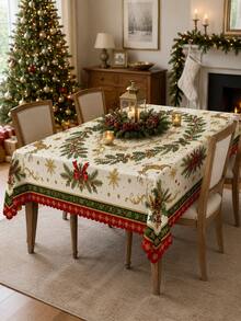 1pc Christmas Party Tablecloth, Reindeer, Holly, Bow Pattern, Rectangular And Round Options, Pine Branch And Snowflake Print Polyester Tablecloth, Suitable For Holiday Dining Room, Christmas Party, Winter Home Decor - Multicolor - View 5