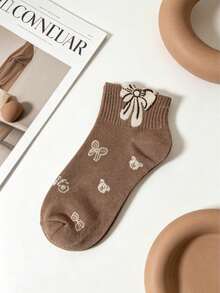 5 Pairs Coffee Tone Bear Pattern Women's Casual Short Leg Warmers Set, Plaid & Striped Mixed Pattern - A - View 8