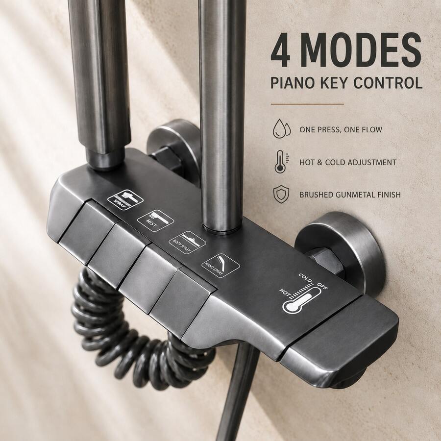 4-Mode Piano Key Shower Faucet Set, Gunmetal Gray Wall-Mounted Hot & Cold Water Mixer System, Modern Wear-Resistant Bathroom Shower Fixture