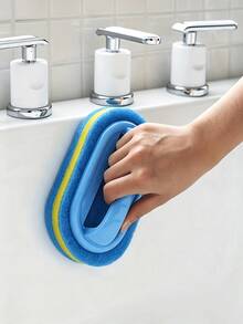 Ergonomic Handheld Sponge Brush, Dual-Color Design, Multi-Function Manual Cleaning Brush, Suitable For Bathtub, Kitchen, Bathroom, Can Clean Tiles, Cookware And Stains, Bathroom Accessories, Kitchen Accessories Cleaning - Sponge Scrubber With Handle - View 2