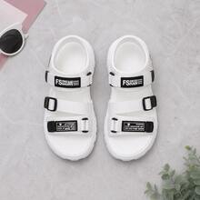 Sandalias deportivas de mujer en PU con suela gruesa de goma, correas ajustables con hebilla y estampado de letras, suela gruesa antideslizante casual para playa. - Blanco - Ver 9