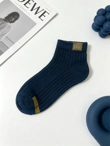 5雙純色羅紋中筒腿套，對比色標籤裝飾，極簡休閒中筒腿套套組 - A - 查看 5
