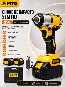 Kit Chave de Impacto Parafusadeira Sem Fio MTG 21V Brushless 1/2" 500 N.m, com 2 Baterias, Carregador e Maleta - Amarelo - Visão 1