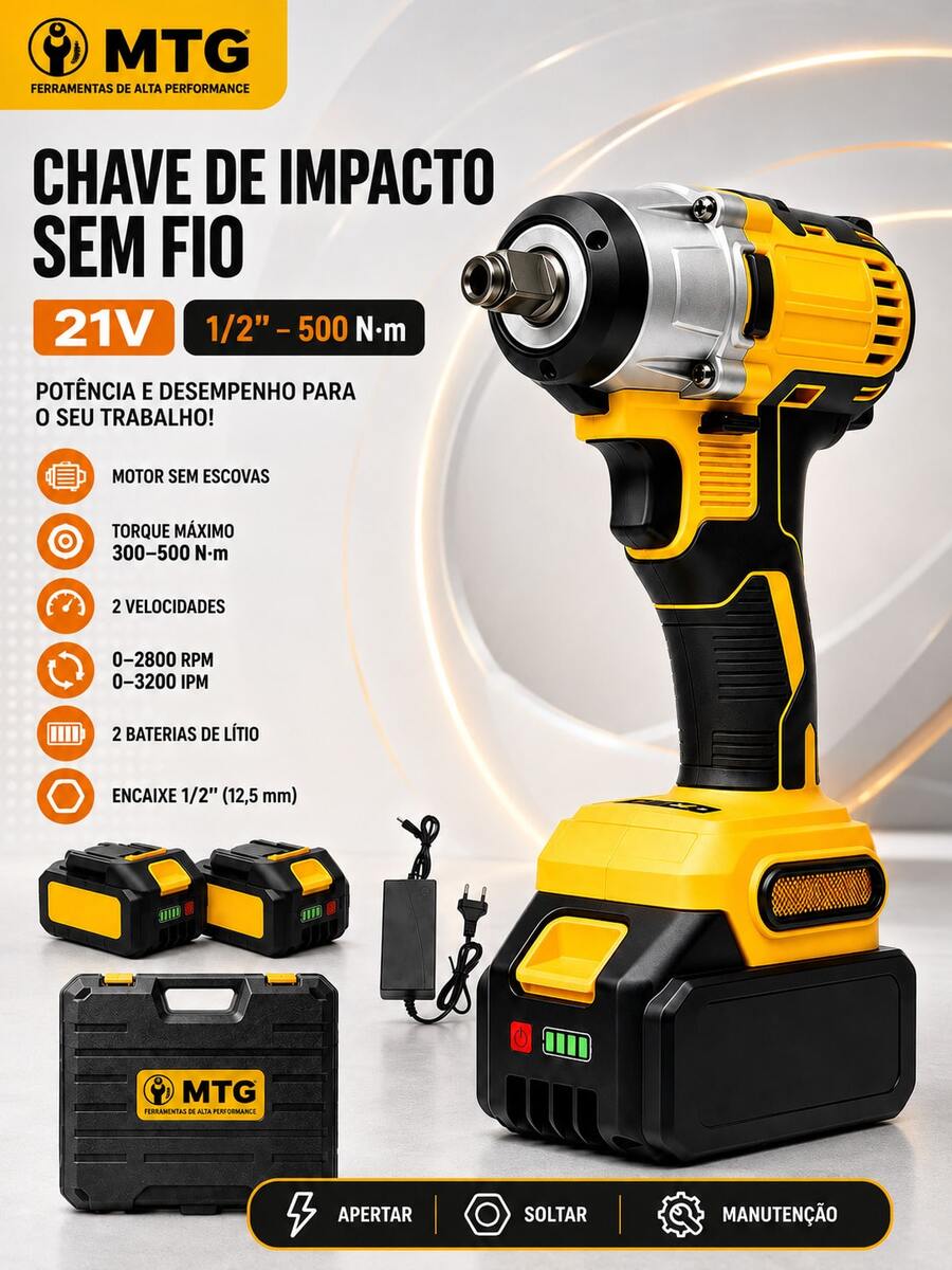 Kit Chave de Impacto Parafusadeira Sem Fio MTG 21V Brushless 1/2" 500 N.m, com 2 Baterias, Carregador e Maleta - Amarelo - Visão 1