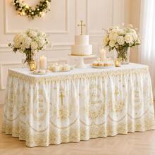 Baptism Table Skirt, White And Gold Cross Theme Polyester Tablecloth With Roses, Pearls And Elegant Religious Patterns, Baby Baptism Ceremony Celebration Decoration - A - View 9