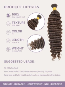 Y WIGS #4 Brown Color Deep Wave Kontless Boho Human Hair For Braiding 100G 16-20 Inch No Weft Human Braiding Hair For Boho Braids Lightweight, Soft, Bouncy Bulk Human Hair For All Seasons, Back To School, Daily, Halloween, Vacation - S4 - View 3