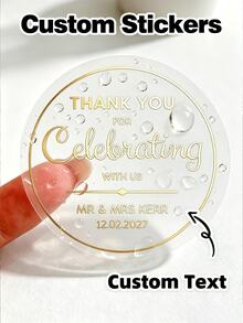 客製化透明 PVC 婚禮回禮貼紙，金箔工藝，個性化透明乙烯基標籤，可自訂姓名與日期，防水感謝貼紙，適用於新郎新娘、婚禮企劃師、訂婚派對、禮品盒、蠟燭、玻璃罐、信封封口 - 彩色 - 查看 1