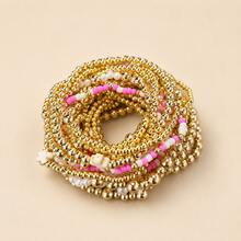 Women's Gold Tone Beaded Bracelet Set, Faux Pearl & Pink White Cross Charm Stretch Bracelets, Stackable Boho Jewelry For Daily Wear, Vacation & Party - Gold - View 1