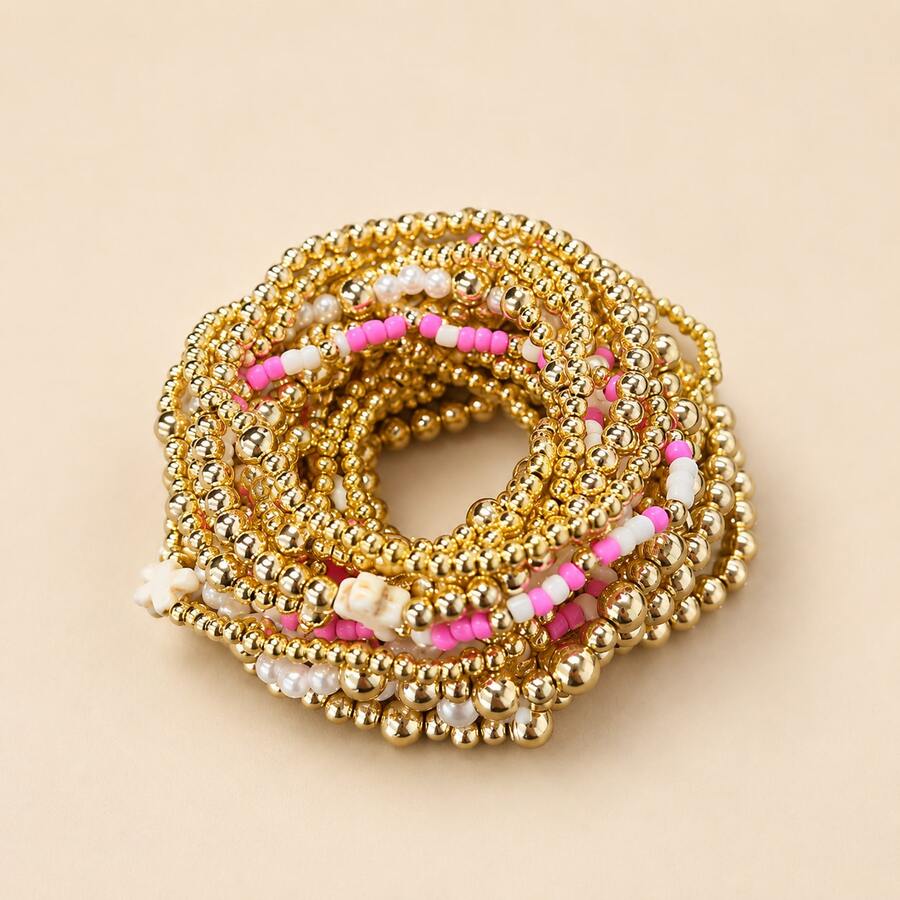 Women's Gold Tone Beaded Bracelet Set, Faux Pearl & Pink White Cross Charm Stretch Bracelets, Stackable Boho Jewelry For Daily Wear, Vacation & Party - Gold - View 1
