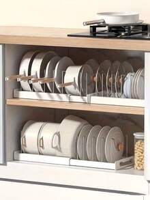 1pc Pot And Pan Storage Rack - Ultimate Kitchen Organizer, Space-Saving Expandable Shelf With Pot Lid Rack, Utensil Holder, Drain Rack And Removable Drawer, Create A Tidy Kitchen - White - View 2