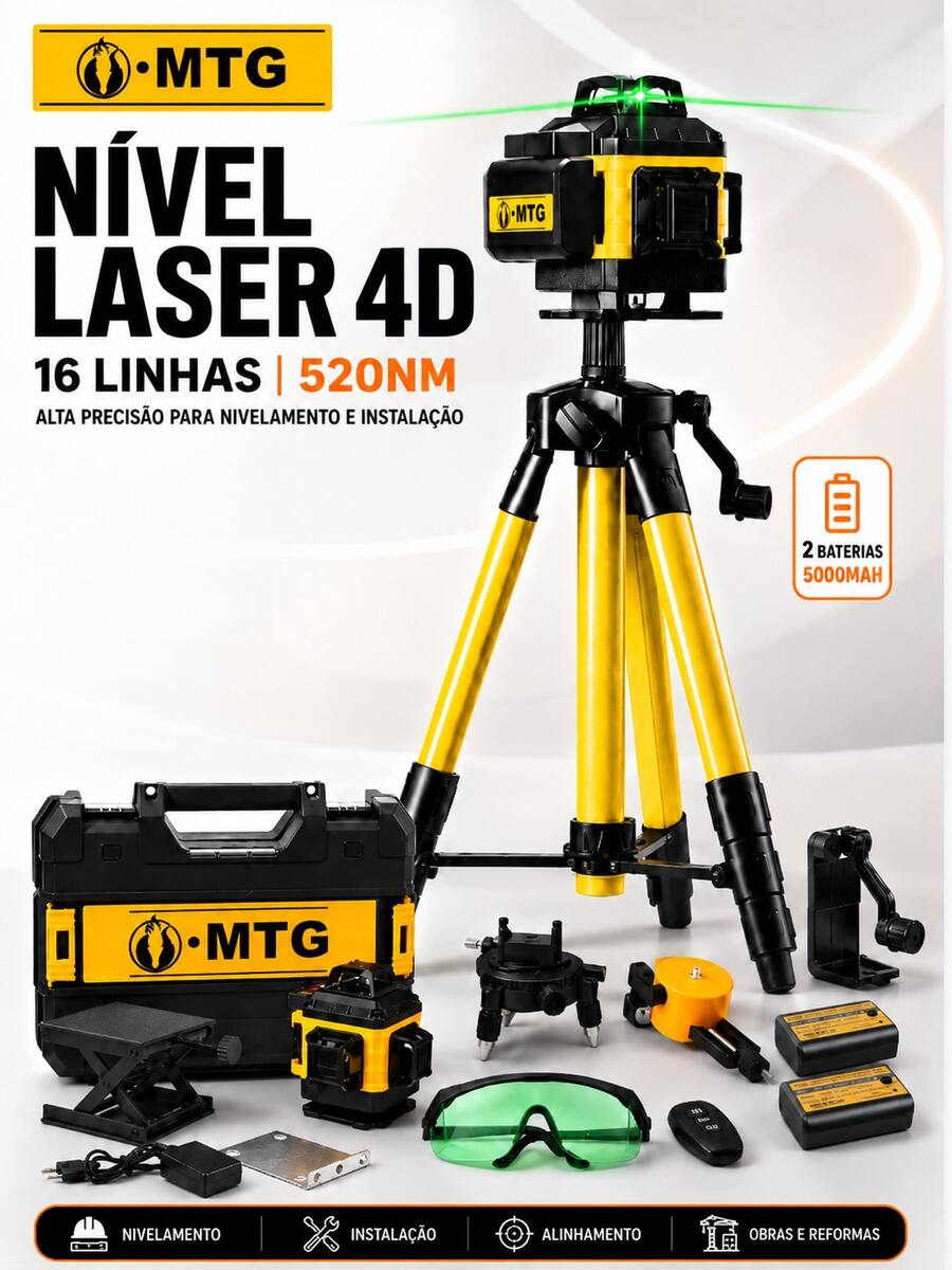 Kit Nível Laser Verde 4D MTG 16 Linhas 520nm Autonivelante ±3°, com Tripé, 2 Baterias 5000mAh, Maleta, Controle Remoto e Acessórios - Amarelo - Visão 1