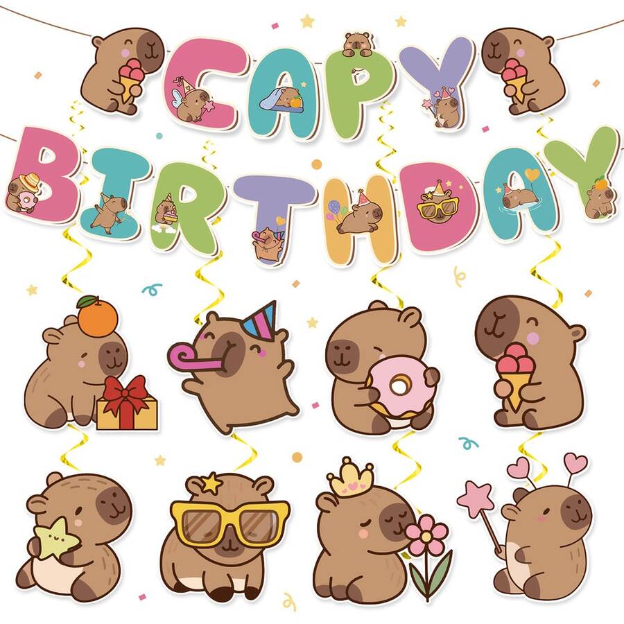 1 Set Capybara Birthday Party Decorations - Pink Capybara Birthday Party Banner Hanging Decor, Cute Animal Theme Decoration Supplies, Suitable For Capybara Lovers - Multicolor - View 1