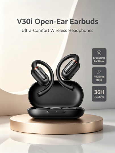 V30i Open-Ear Wireless Earbuds, Lightweight & Comfortable Design, Ergonomic Ear-Hook Fit, Powerful Bass, 36-Hour Long Battery Life, Bluetooth 5.3, App Control, HD Call Headset