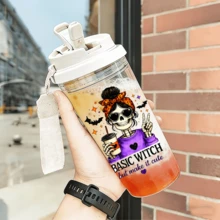 1pc/5pcs 500ml Halloween Summer Water Cup With Skull And Witch Pattern, Transparent Plastic Cup With Flip Lid, Straw And Fabric Handle, Suitable For Iced Coffee, Juice, Oat Milk, Ideal Gift For Best Friend, Birthday, Travel, Car, Office Daily Drinking, All Seasons - Multicolor 1 - View 12