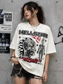 Hellstars Brain Anatomy Graphic T-Shirt, 220G Heavyweight 100% Cotton Y2K Streetwear Tee, Oversized Crew Neck Short Sleeve Shirt For Men & Women - 白色 - 查看 1
