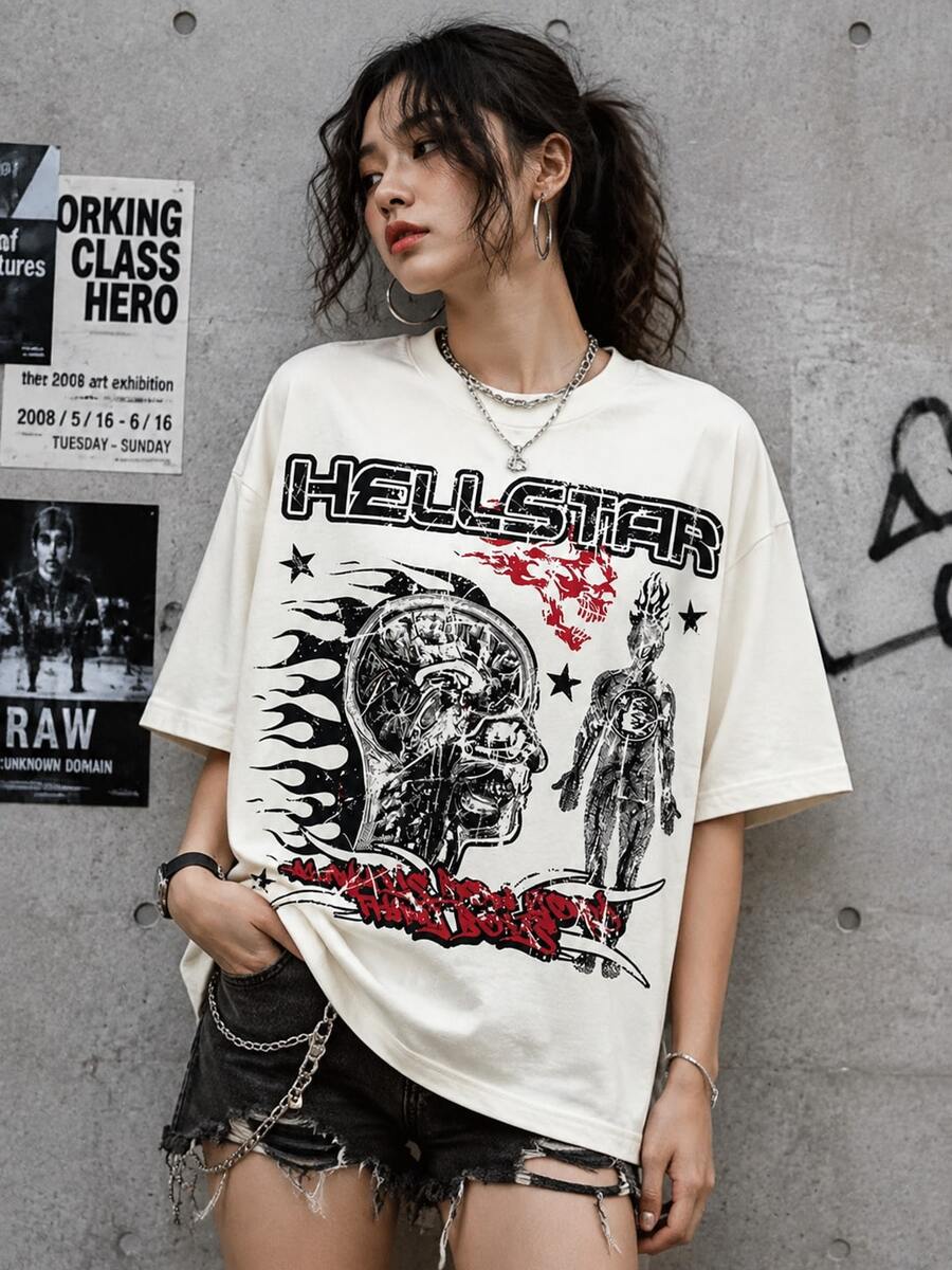 Hellstars Brain Anatomy Graphic T-Shirt, 220G Heavyweight 100% Cotton Y2K Streetwear Tee, Oversized Crew Neck Short Sleeve Shirt For Men & Women - 白色 - 查看 1